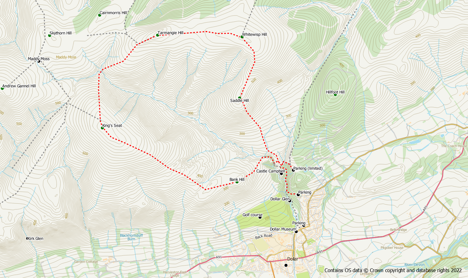 Route map for Kingseat, Tarmangie, Whitewisp Circular
