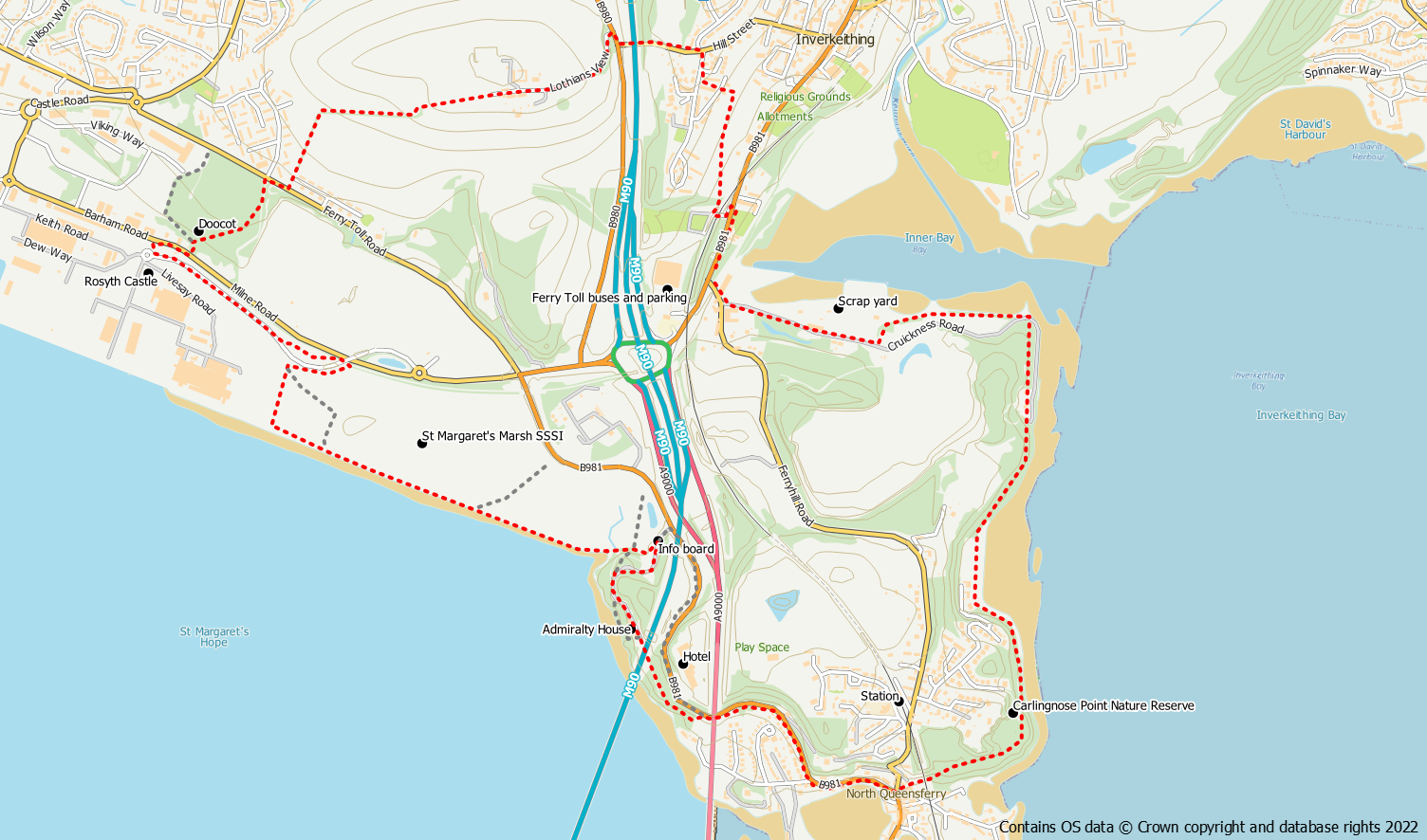 St Margaret's Marsh and Carlingnose Point route map