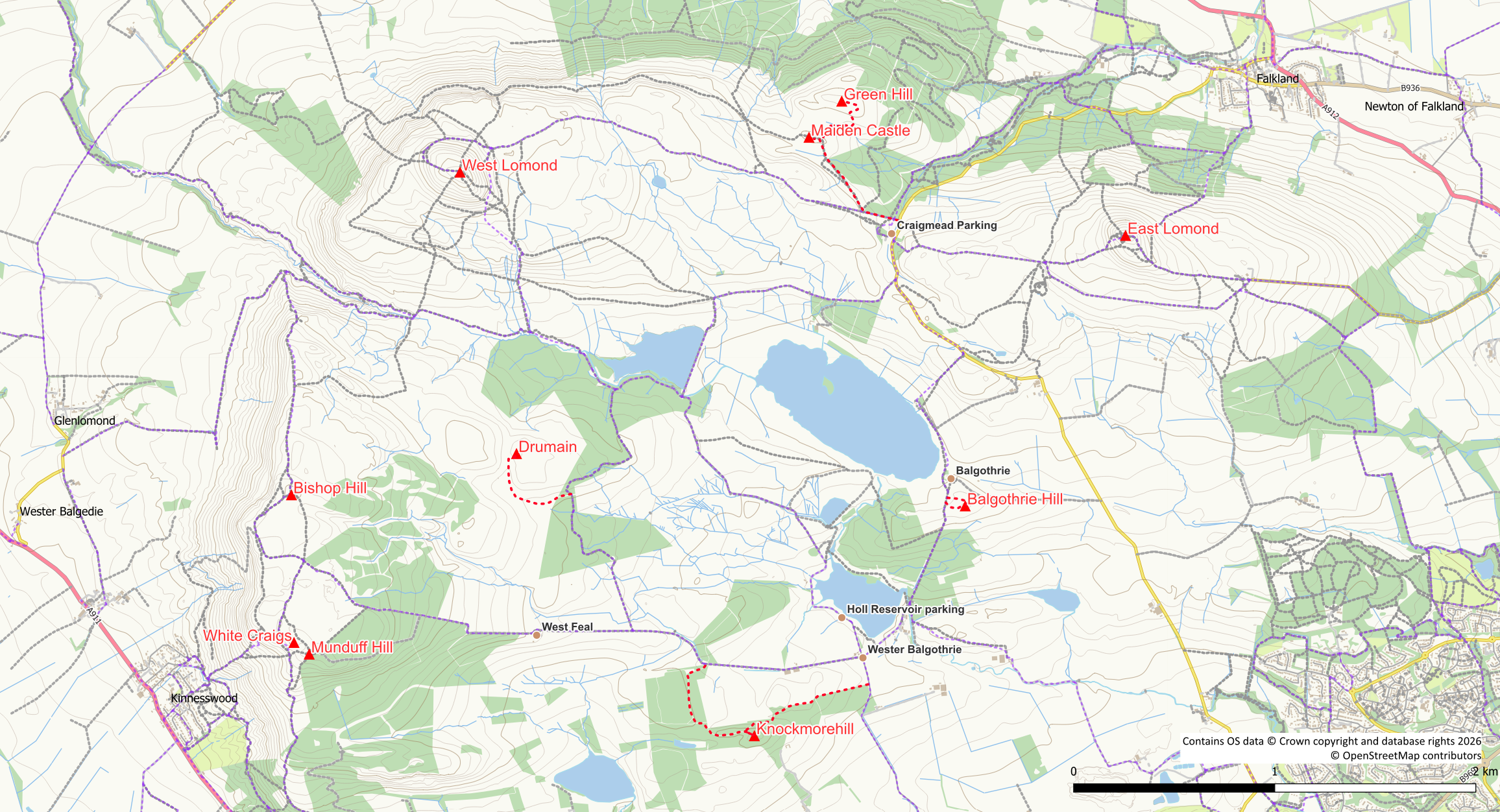 Lomond Hills map showing lesser visited summits